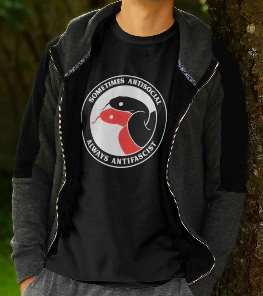 Sometimes Antisocial Always Antifascist Snakes Circle Logo Two Snakes Black And Red T-Shirt