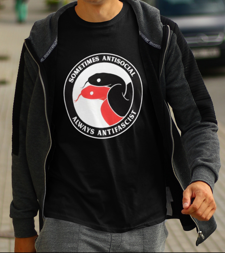 Sometimes Antisocial Always Antifascist Snakes Circle Logo Two Snakes Black And Red T-Shirt