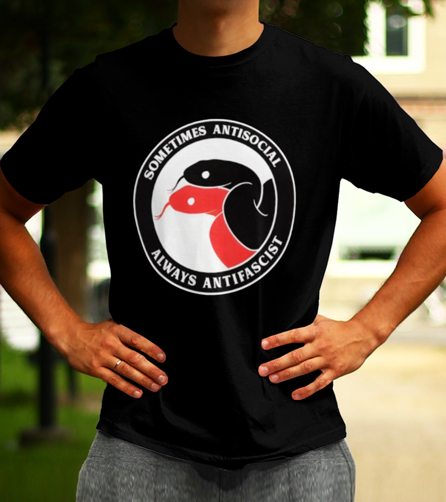 Sometimes Antisocial Always Antifascist Snakes Circle Logo Two Snakes Black And Red T-Shirt
