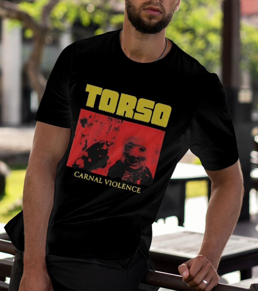 Torso Carnal Violence Horror Imagery Bold Yellow Text T-Shirt
