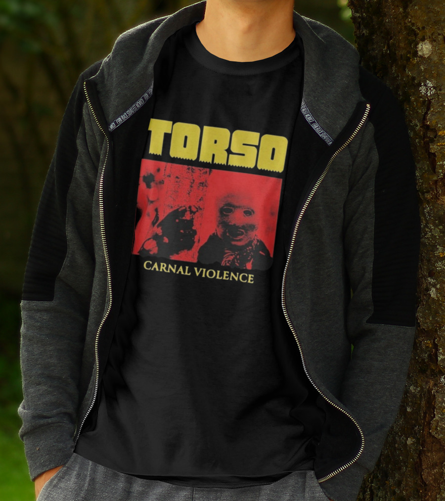 Torso Carnal Violence Horror Imagery Bold Yellow Text T-Shirt