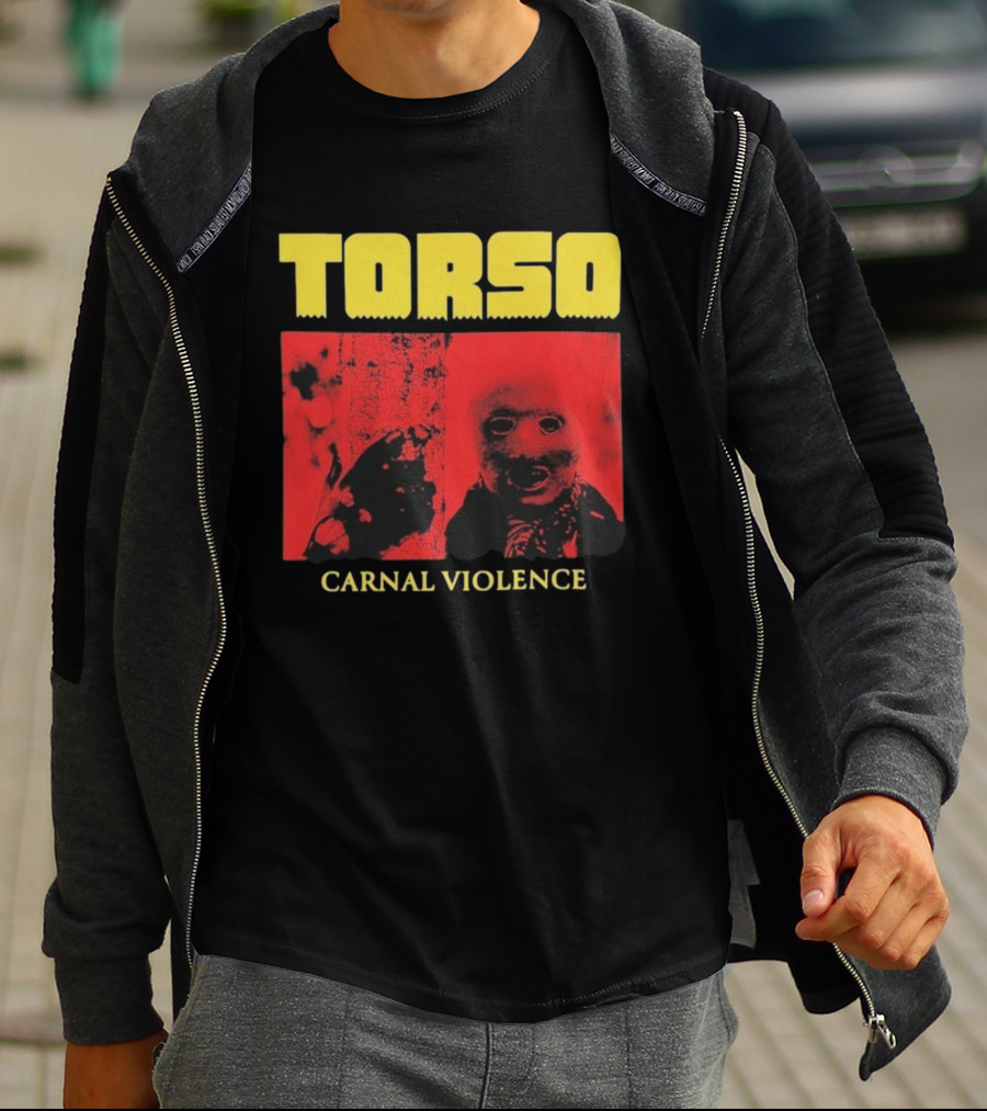 Torso Carnal Violence Horror Imagery Bold Yellow Text T-Shirt