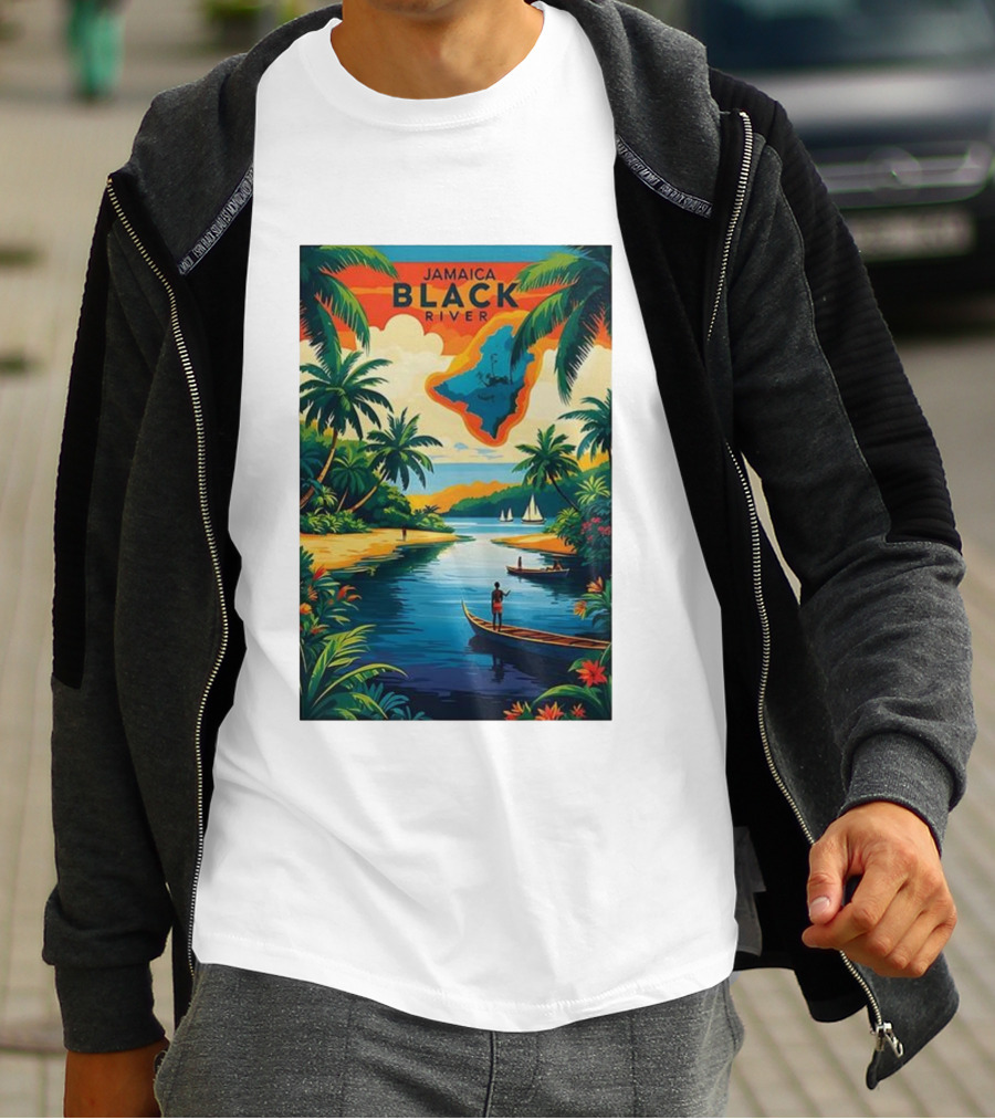 Jamaica Black River Vintage Travel Tropical Scenery With Palm Trees And Boats T-Shirt