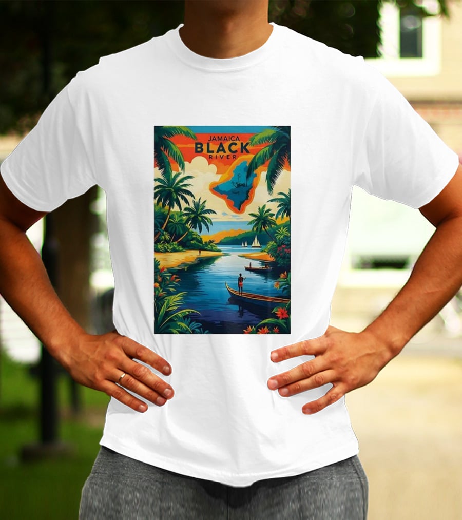 Jamaica Black River Vintage Travel Tropical Scenery With Palm Trees And Boats T-Shirt