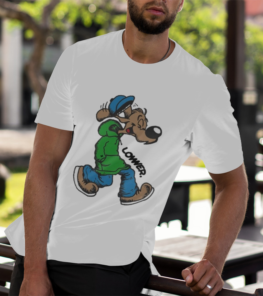 Lower Billie Hood Walkin Cartoon Character In Green And Blue Cap T-Shirt