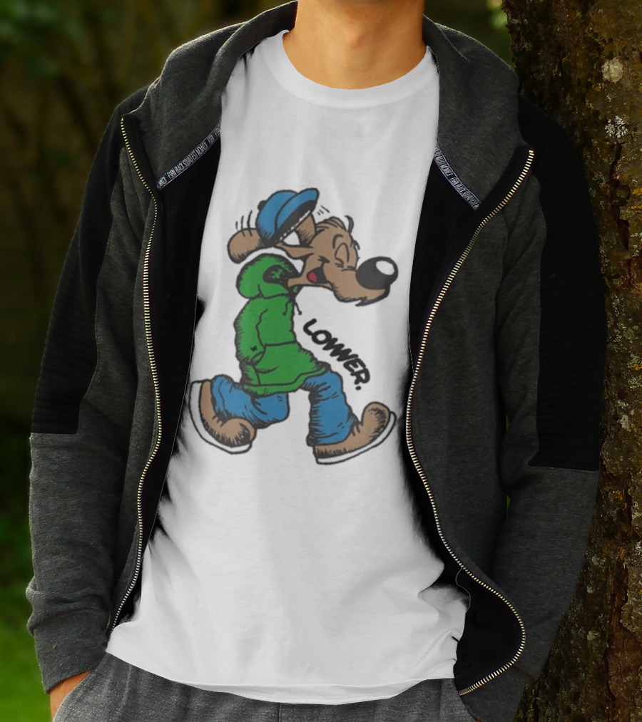 Lower Billie Hood Walkin Cartoon Character In Green And Blue Cap T-Shirt