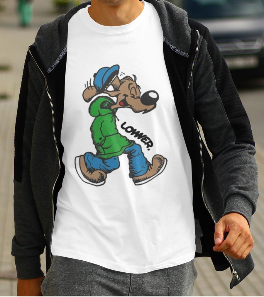 Lower Billie Hood Walkin Cartoon Character In Green And Blue Cap T-Shirt