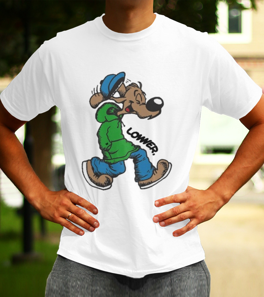 Lower Billie Hood Walkin Cartoon Character In Green And Blue Cap T-Shirt