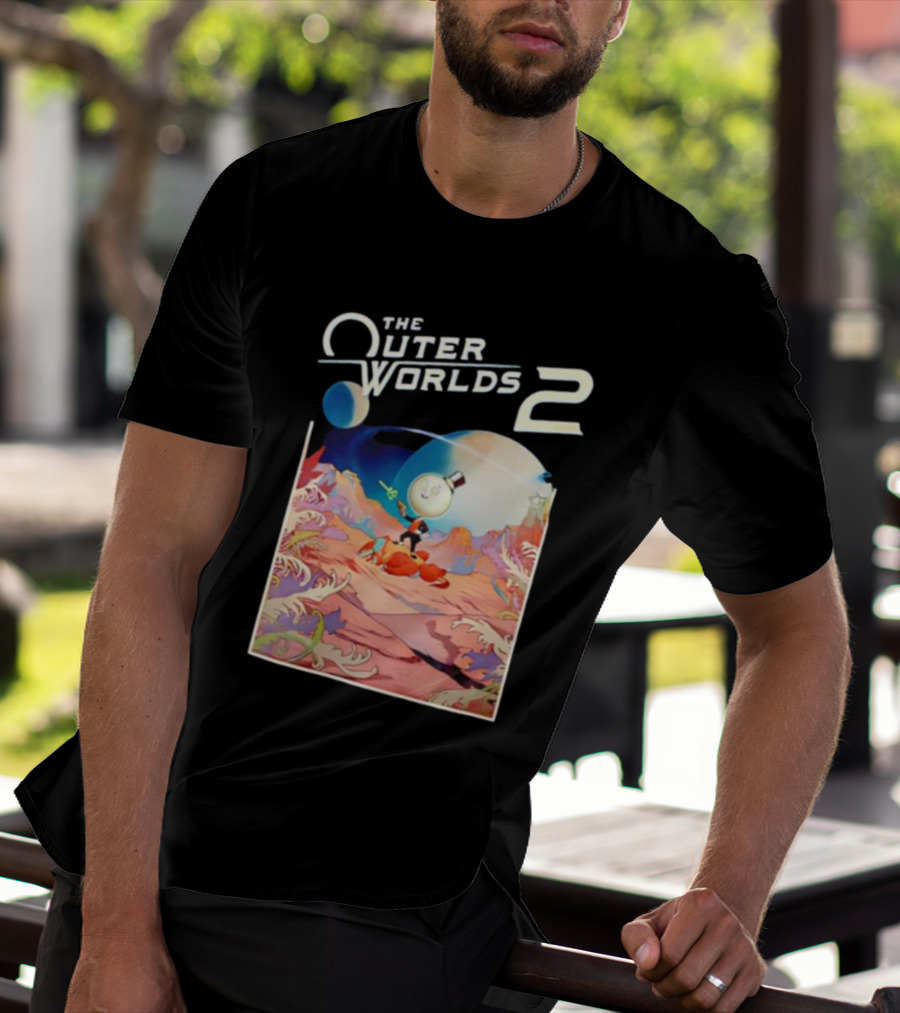 The Outer Worlds 2 Surreal Landscape With Cartoon Character T-Shirt