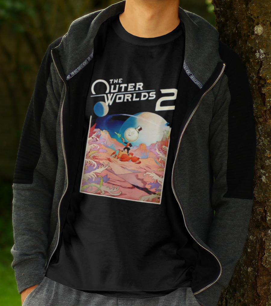The Outer Worlds 2 Surreal Landscape With Cartoon Character T-Shirt