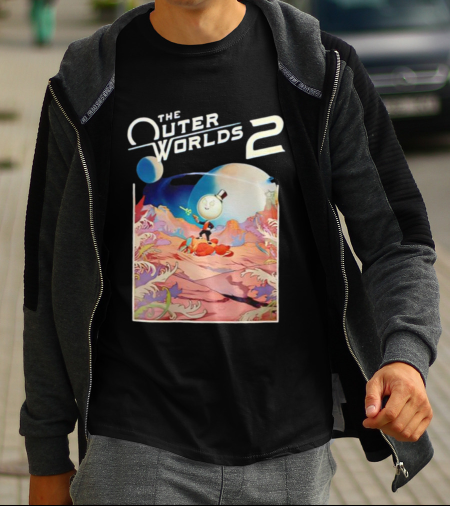 The Outer Worlds 2 Surreal Landscape With Cartoon Character T-Shirt