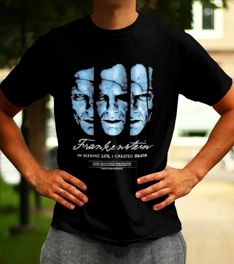 Frankenstein The Creature Seeking Life Created Death Split Face Design T-Shirt
