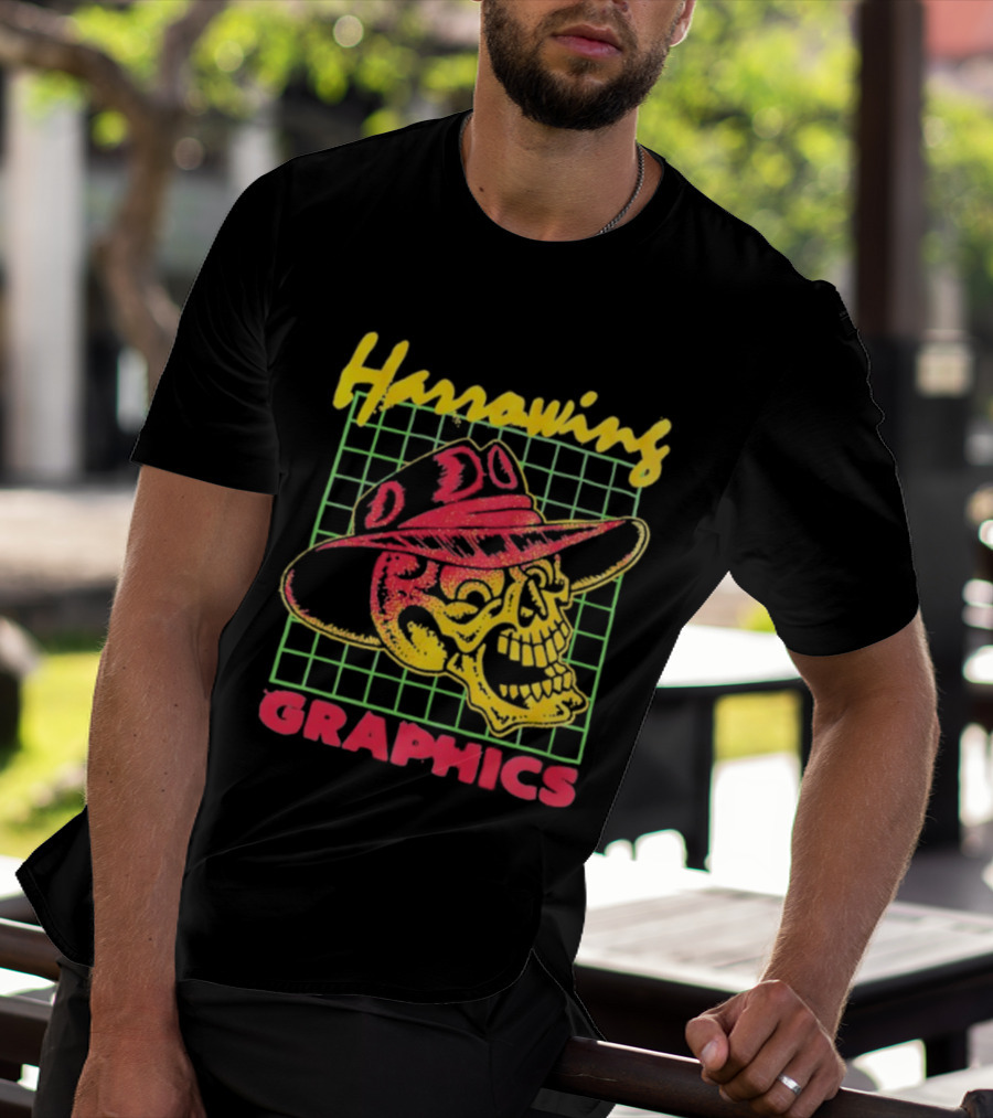 Harrowing Skull Cowboy Hat Graphics Retro Neon Style T-Shirt