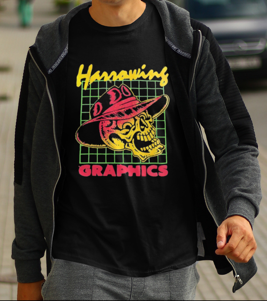 Harrowing Skull Cowboy Hat Graphics Retro Neon Style T-Shirt