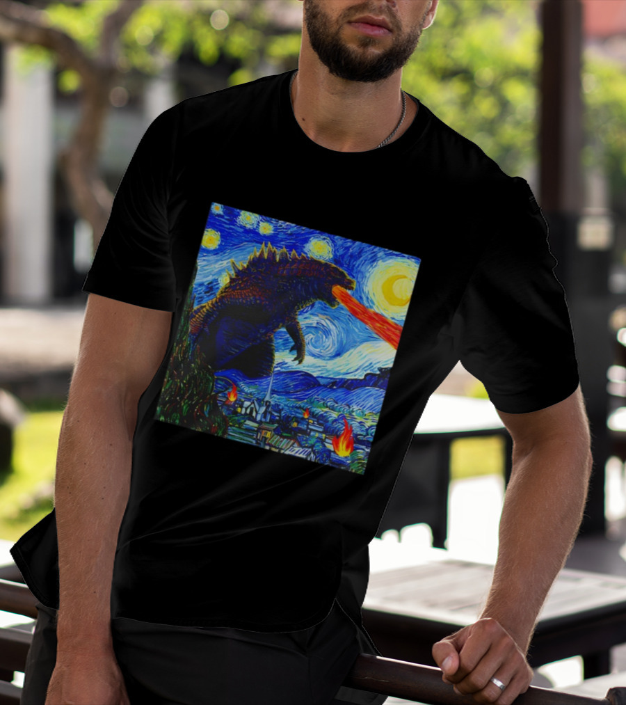 Godzilla Van Gogh Starry Night Mashup Scene T-Shirt