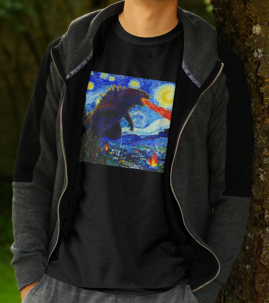Godzilla Van Gogh Starry Night Mashup Scene T-Shirt