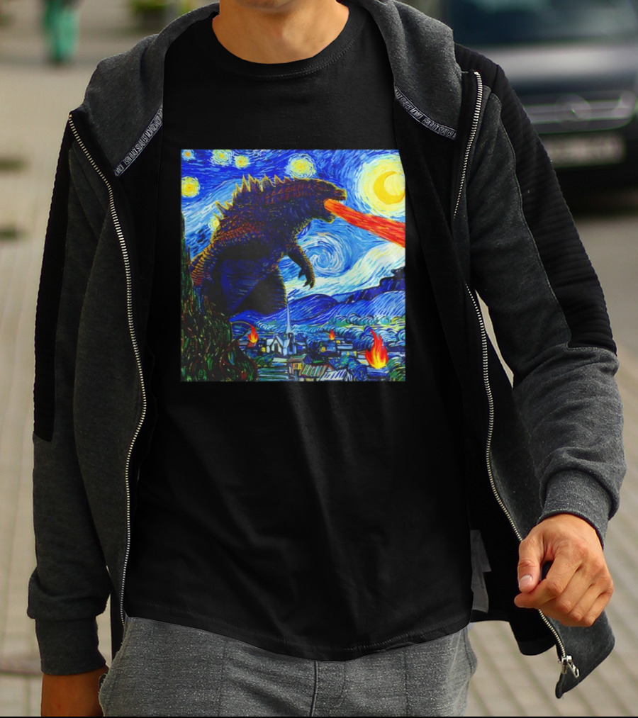 Godzilla Van Gogh Starry Night Mashup Scene T-Shirt