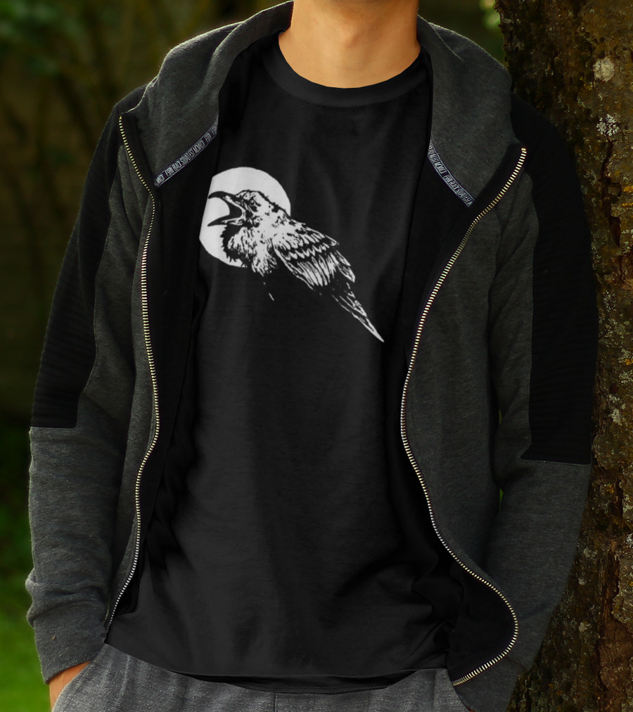 Raven Crow F Caw F Vintage Retro Bird Full Moon Silhouette In Flight T-Shirt