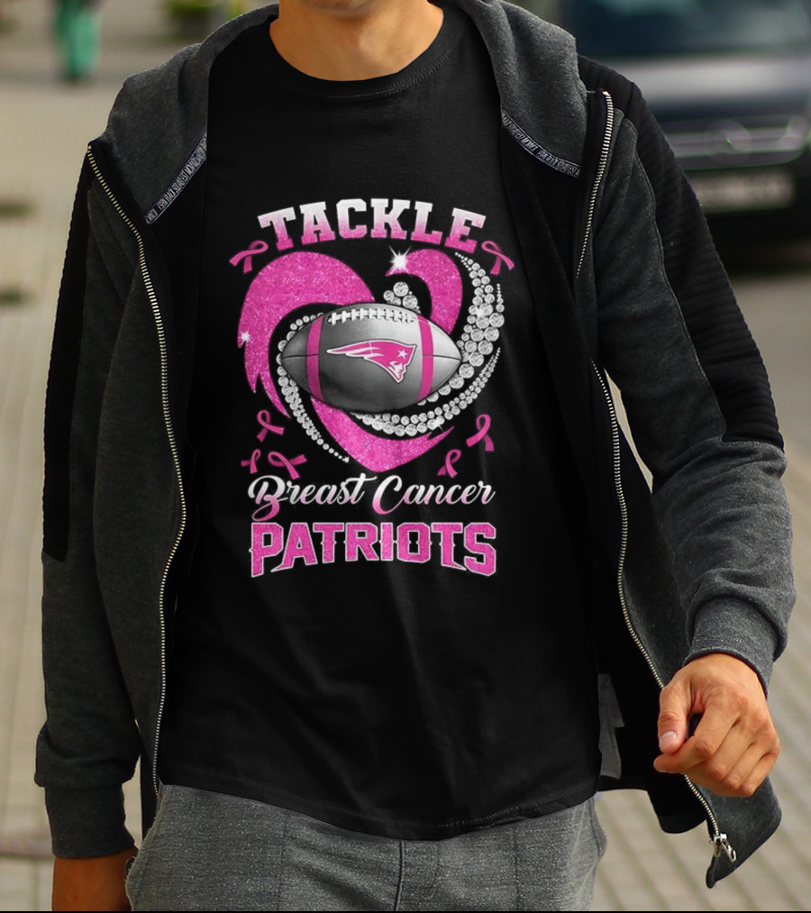 Tackle Breast Cancer New England Patriots Pink Ribbon Heart Football T-Shirt