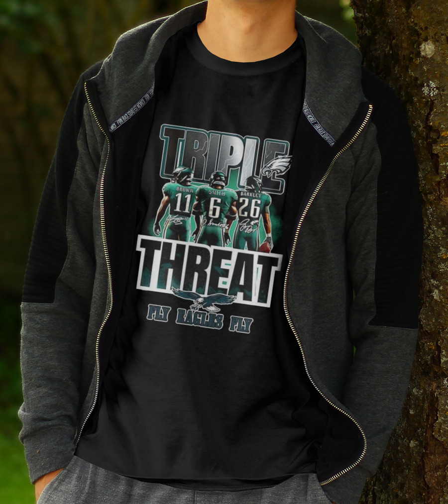 Philadelphia Eagles 2025 Triple Threat Fly Eagles Fly Brown Smith Barkley T-Shirt