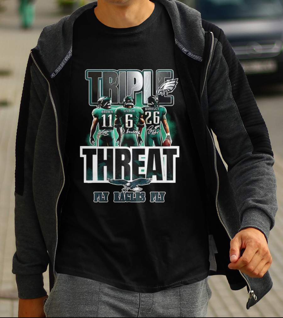 Philadelphia Eagles 2025 Triple Threat Fly Eagles Fly Brown Smith Barkley T-Shirt