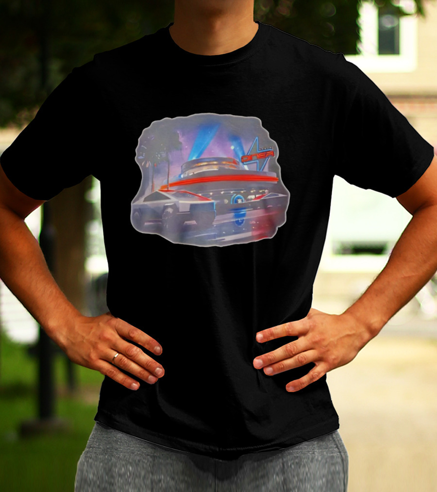 Tesla Cybertruck Hollywood Retro Diner Neon Night Scene T-Shirt
