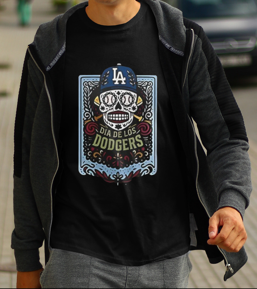 Dia De Los Dodgers LA Skull Baseball Icon T-Shirt