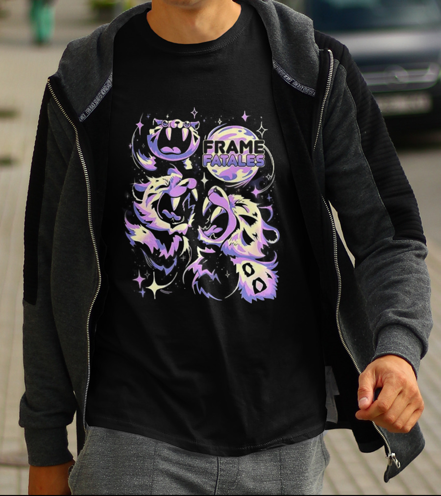 Three Faith Moon Frame Fatales Neon Pastel Feline Faces T-Shirt