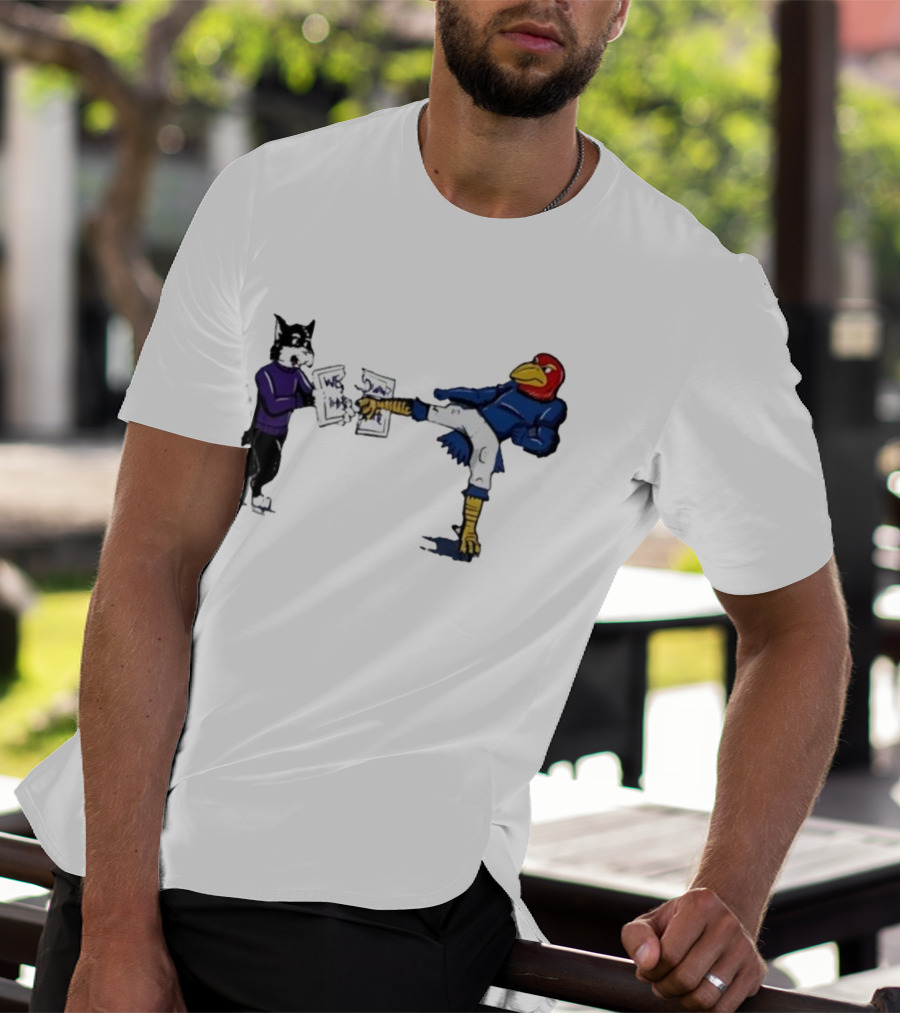 Kansas Jayhawk Mascot Kicking Wildcat We Own State T-Shirt