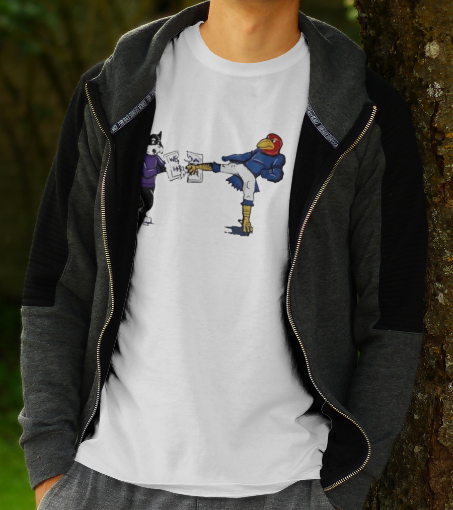 Kansas Jayhawk Mascot Kicking Wildcat We Own State T-Shirt