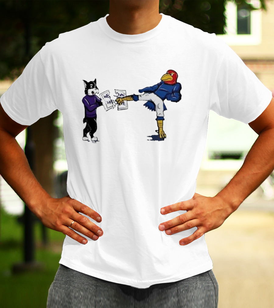 Kansas Jayhawk Mascot Kicking Wildcat We Own State T-Shirt