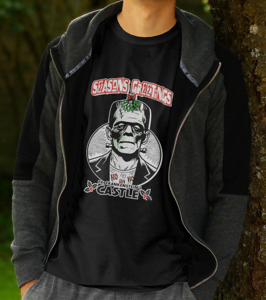 Seasons Greetings Dr. Frankenstein's Castle Christmas T-Shirt