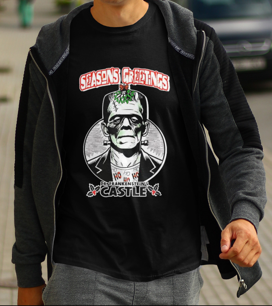 Seasons Greetings Dr. Frankenstein's Castle Christmas T-Shirt
