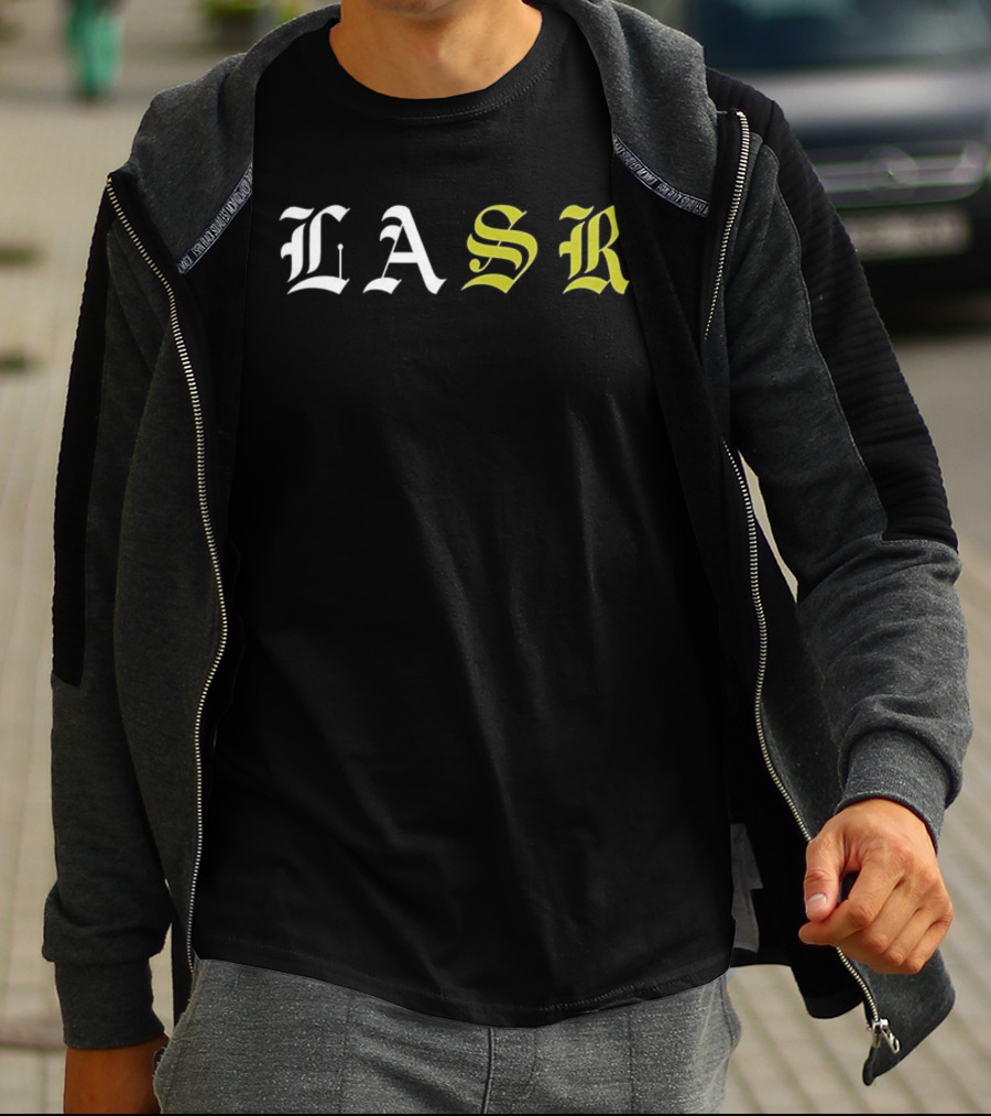 LASR Old English Style Letters Los Angeles Sports Report T-Shirt