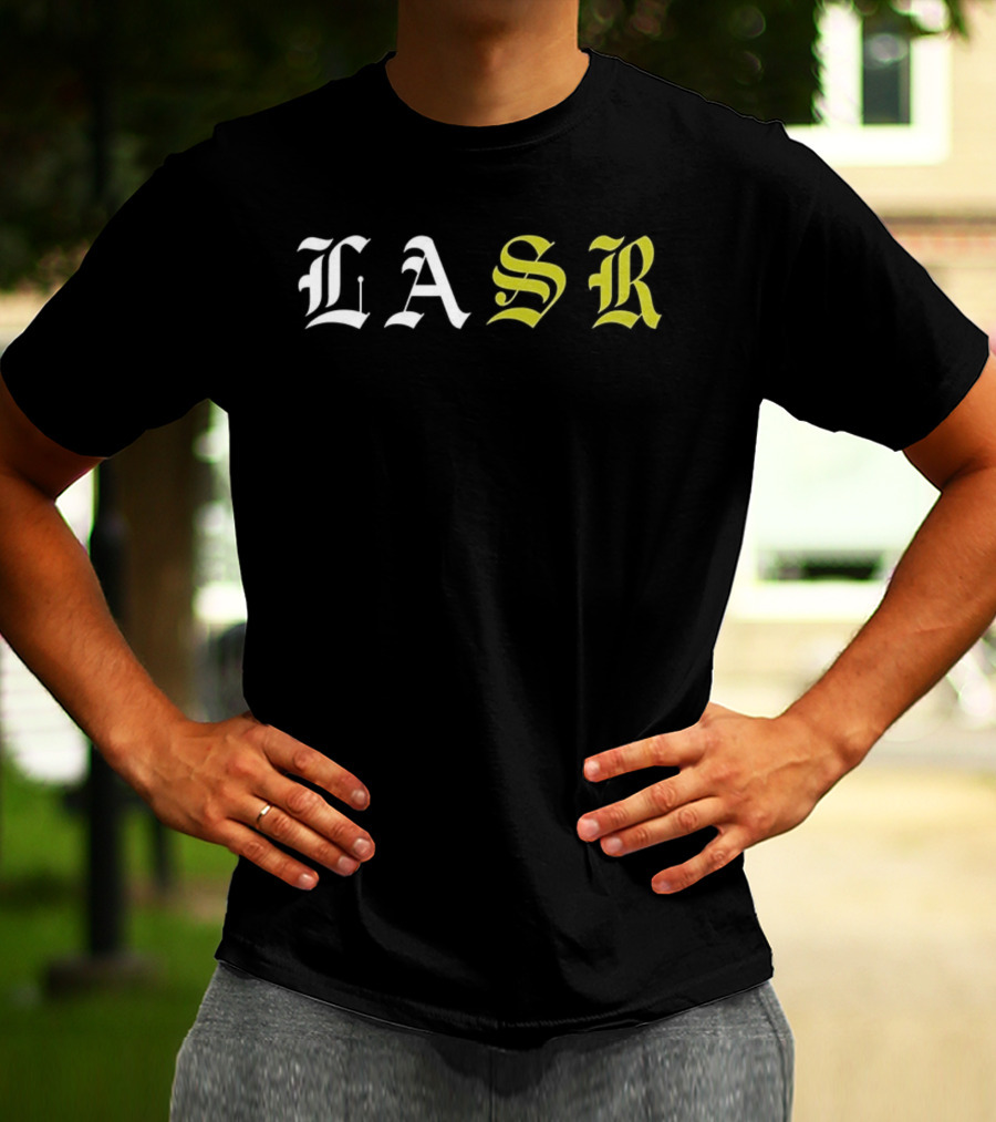 LASR Old English Style Letters Los Angeles Sports Report T-Shirt