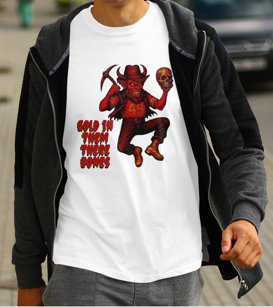 San Francisco 49er Devil Holding Skull Gold In Them There Bones T-Shirt