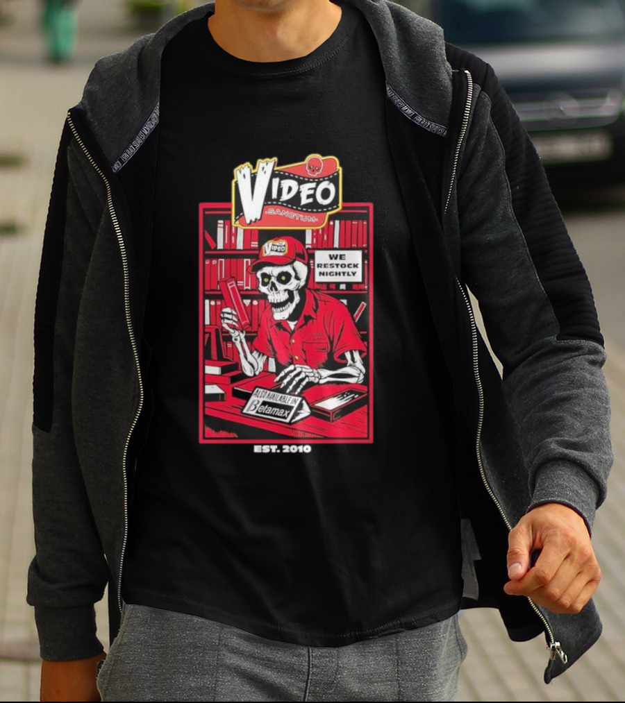 Video Sanctum We Restock Nightly Betamax Skeleton T-Shirt