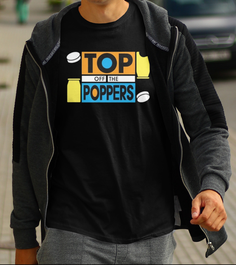 TOP OFF THE POPPERS Yellow And Blue Theme With White Pieces T-Shirt