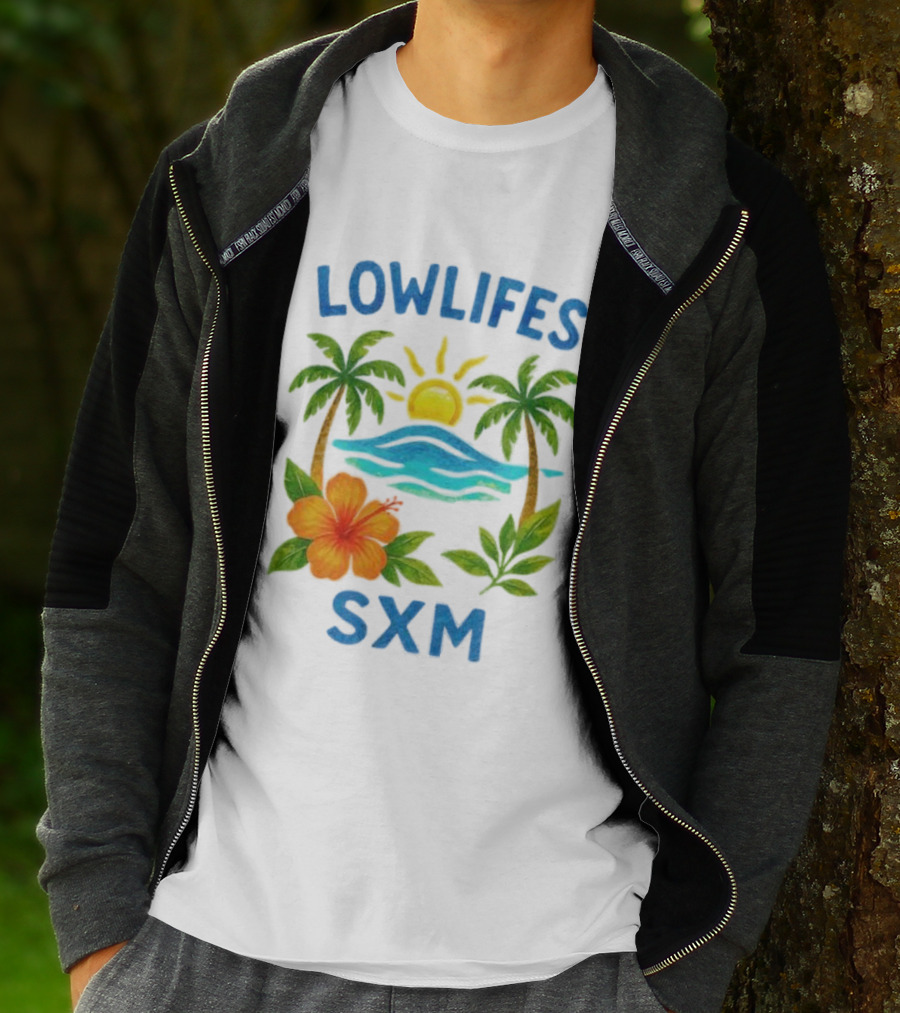 Lowlifes SXM Tropical Sunset 2025 Palms Hibiscus Ocean Sun T-Shirt