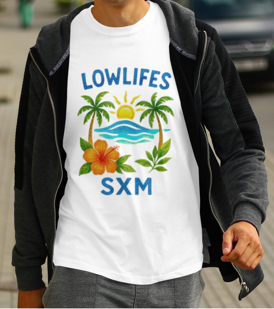 Lowlifes SXM Tropical Sunset 2025 Palms Hibiscus Ocean Sun T-Shirt