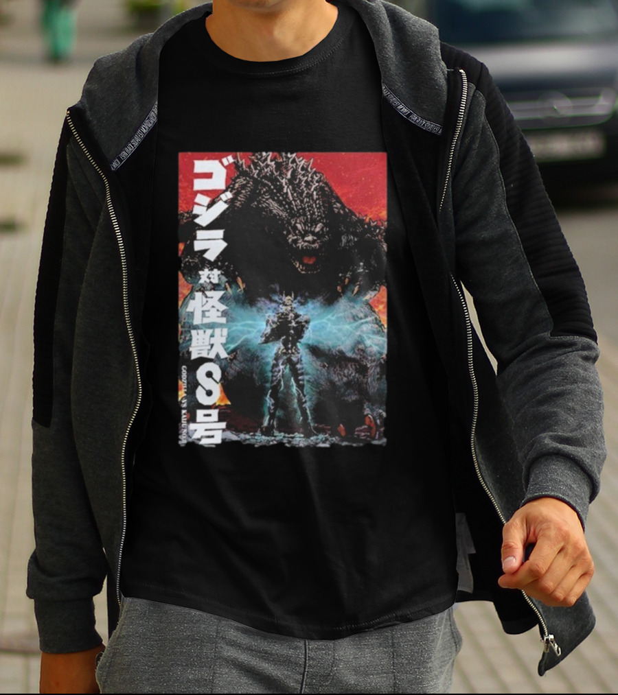 Godzilla Vs Kaiju No. 8 Japanese Text Battle Scene T-Shirt