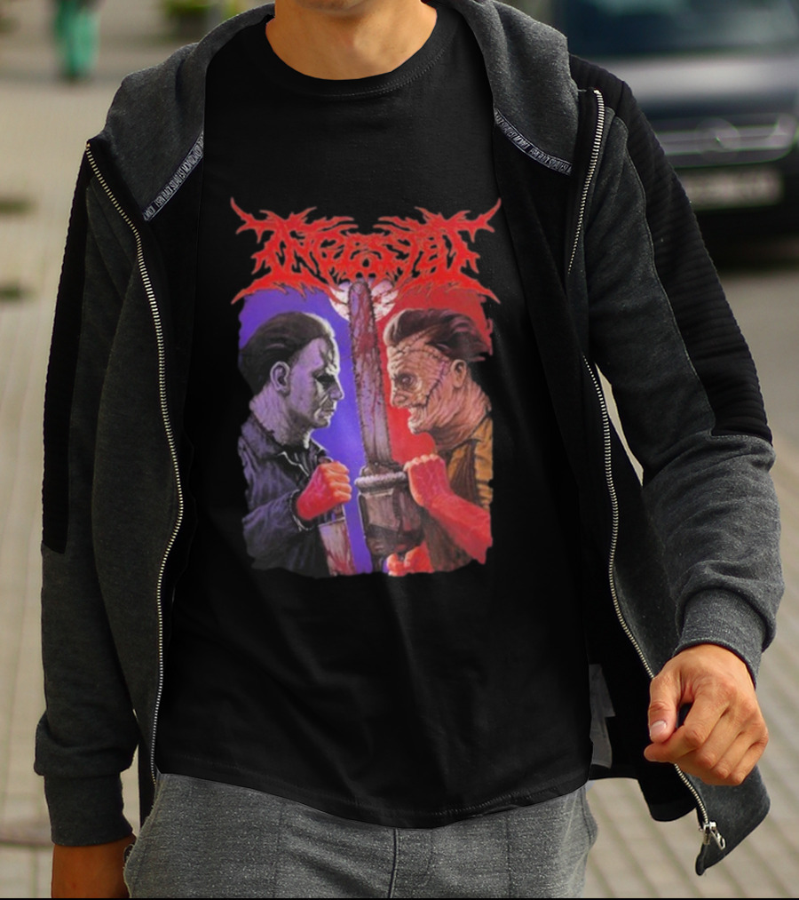Michael Myers Freddy Krueger Ingested Chainsaw Showdown Graphic T-Shirt