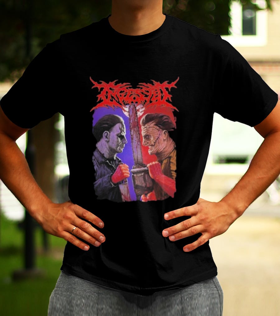 Michael Myers Freddy Krueger Ingested Chainsaw Showdown Graphic T-Shirt