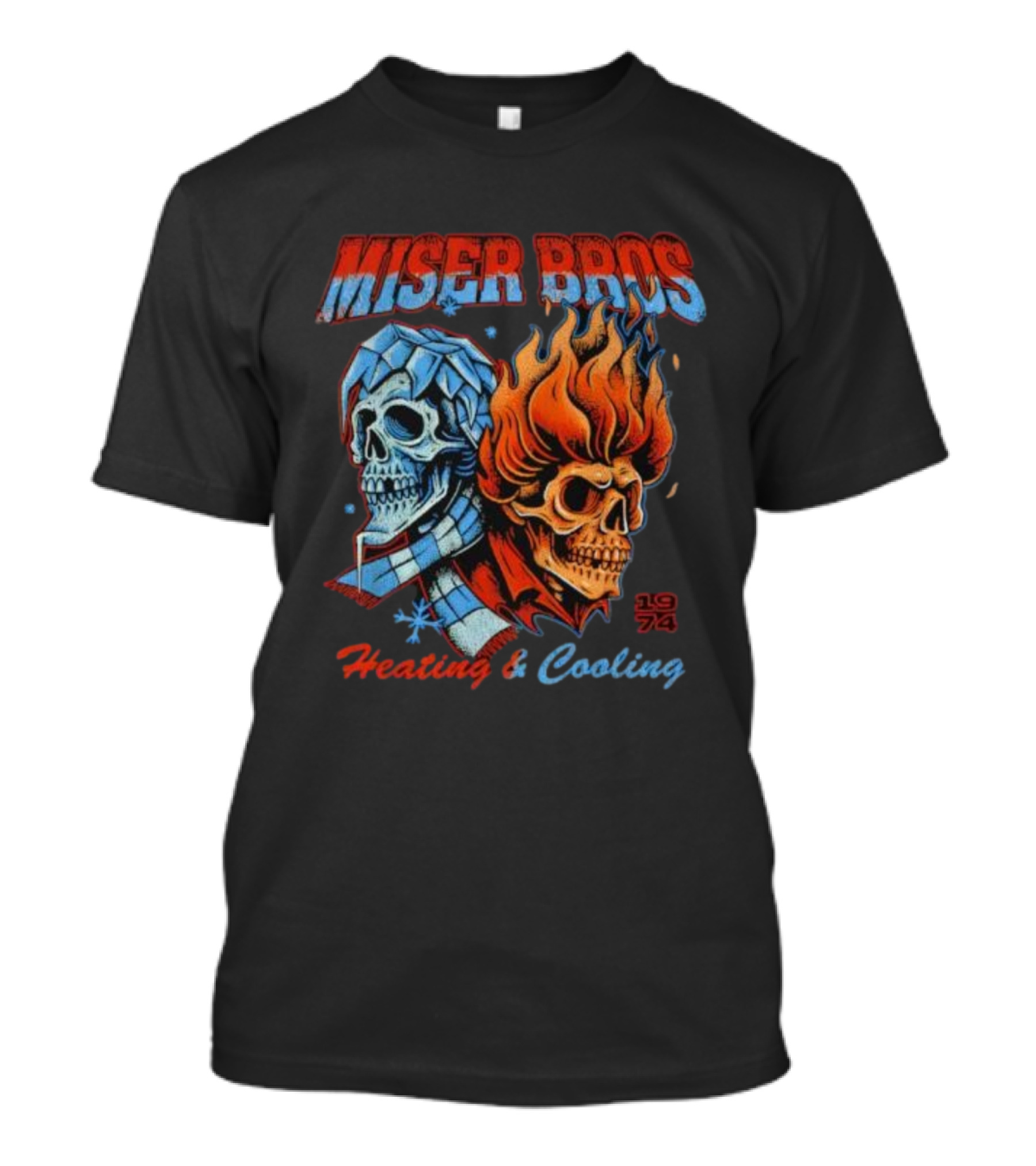 Miser Bros Heating And Cooling 1974 Skull Design T-Shirt