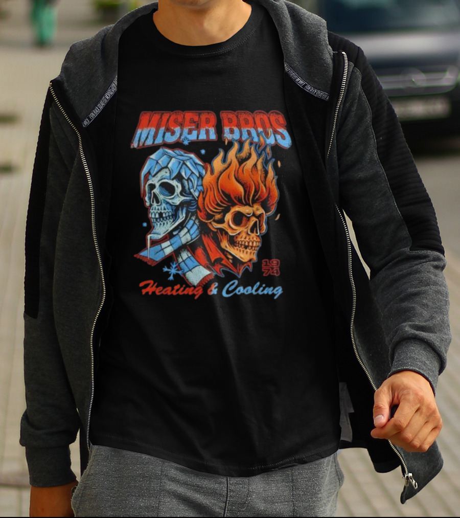 Miser Bros Heating And Cooling 1974 Skull Design T-Shirt