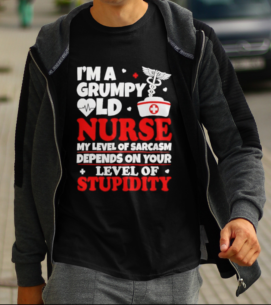 I'm A Grumpy Old Nurse My Level Of Sarcasm Depends On Your Level Of Stupidity Nurse Cap Caduceus T-Shirt