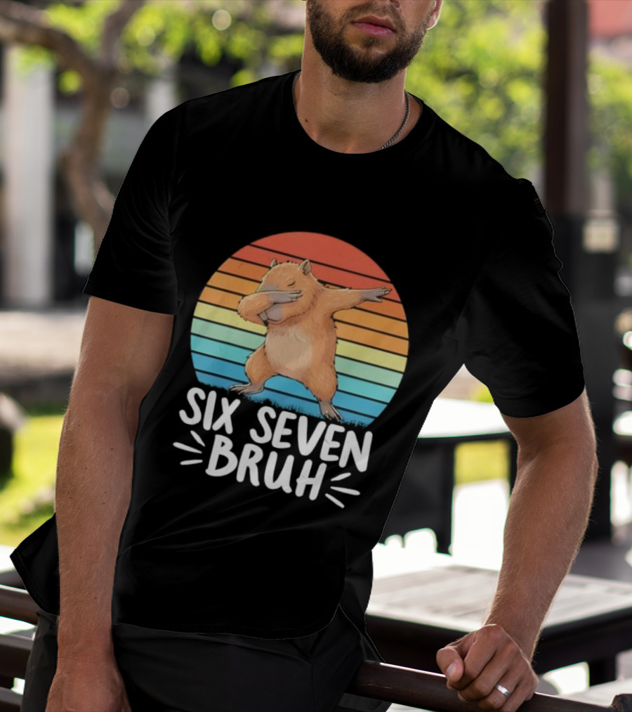 67 Meme Capybara Dabbing Six Seven Bruh Rainbow Retro T-Shirt
