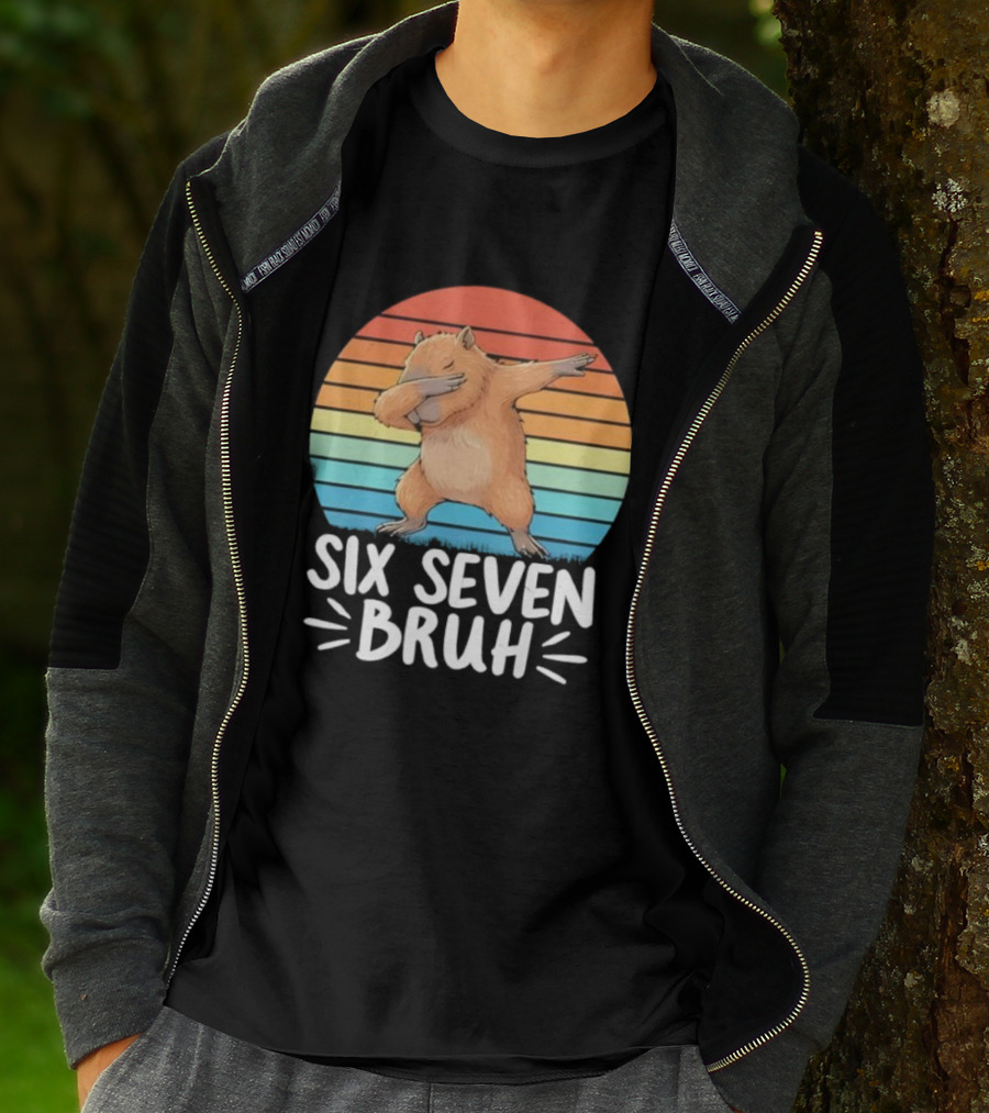 67 Meme Capybara Dabbing Six Seven Bruh Rainbow Retro T-Shirt