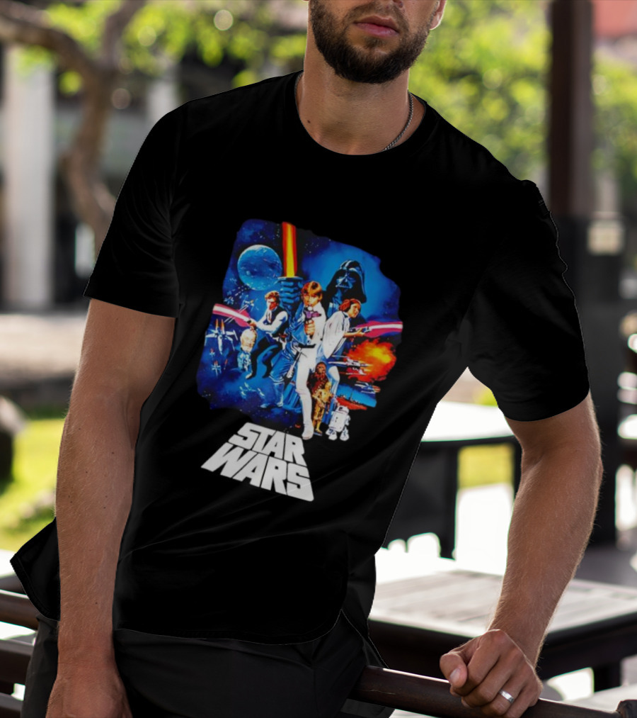 Star Wars New Hope Retro Darth Vader Luke Skywalker Leia Han Solo Chewbacca R2-D2 C-3PO Vintage Galactic Battle Scene T-Shirt
