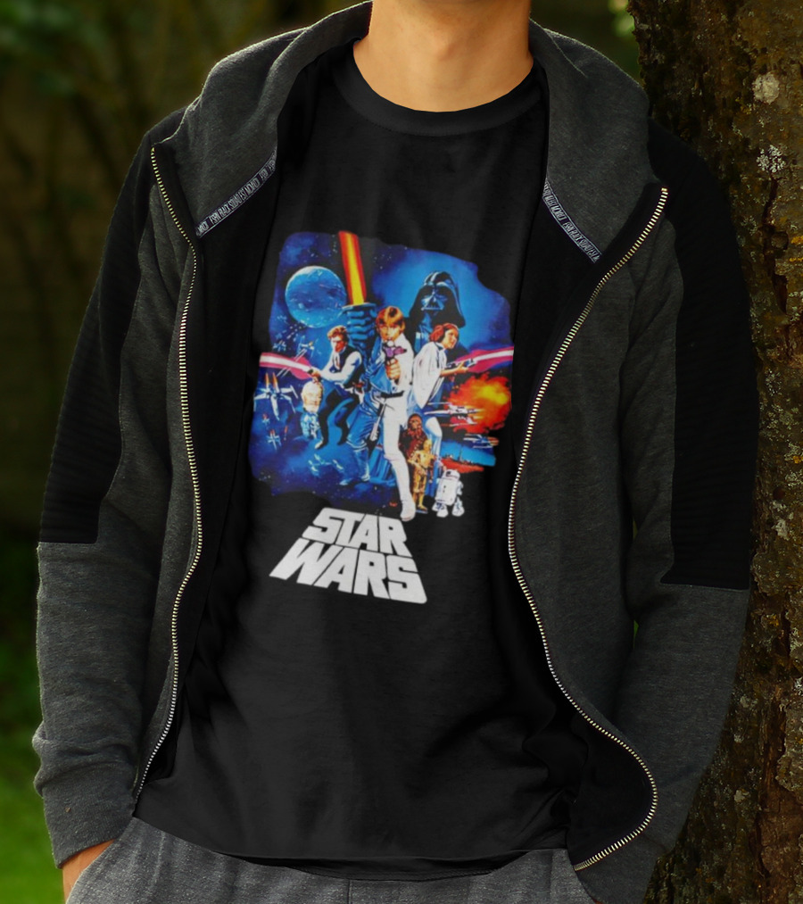 Star Wars New Hope Retro Darth Vader Luke Skywalker Leia Han Solo Chewbacca R2-D2 C-3PO Vintage Galactic Battle Scene T-Shirt